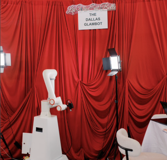 The Dallas Glambot Video Booth Robot and Red Draped Backdrop